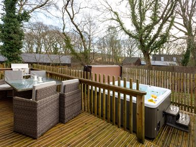 An outdoor deck with a glass table surrounded by four chairs a hot tub with drinks on the side and trees in the background at Lodge 3 in Corfe Castle