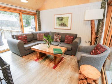 A living room with a gray corner sofa, wooden coffee table, armchair, floor lamp, and large windows at Lodge 6 in Corfe Castle