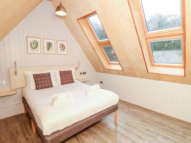 A bedroom with a double bed white linens two brown pillows three framed leaf pictures on wall and two skylight windows at Lodge 6 in Corfe Castle