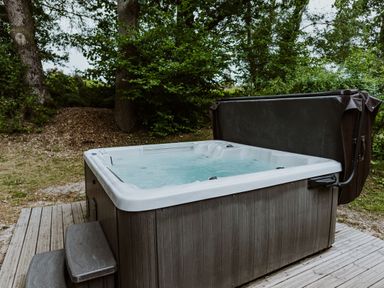 An outdoor hot tub with steps on a wooden deck surrounded by trees and greenery at Lodge 6 in Corfe Castle