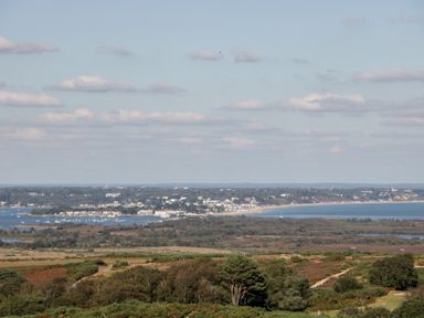 A coastal landscape with green fields and a town by the water at Lodge 9 in Corfe Castle