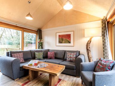 A living room with gray sofas a wooden coffee table with puzzle pieces and a floor lamp at Lodge 12 in Corfe Castle
