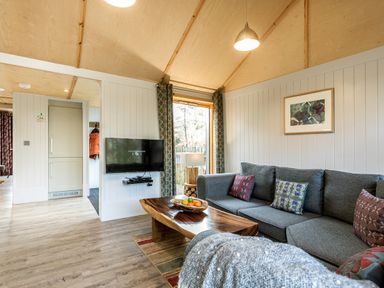 A living room with a sofa and television at Lodge 15 Corfe Castle