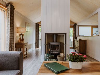 A living room with a wooden coffee table with a green book and a flower pot a fireplace in the center and wooden furniture at Lodge 16 Corfe Castle