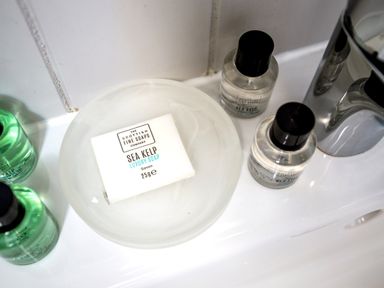 A soap dish with sea kelp soap and bottles at Lodge 16 in Corfe Castle