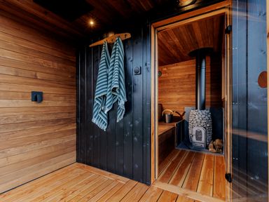 A sauna with wooden walls and a stove at Lodge 16 in Corfe Castle