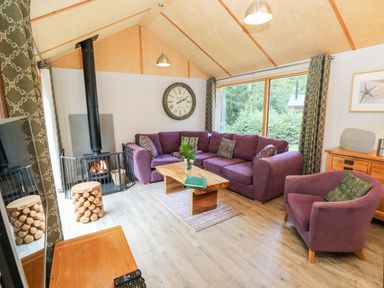 A living room with purple sofa and armchair wood burning stove wooden coffee table and large window at Lodge 21 in Corfe Castle