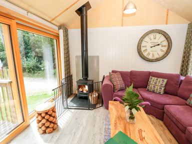 A living room with a purple sectional sofa a wooden coffee table with flowers a wood burning stove and a large clock on the wall at Lodge 21 in Corfe Castle