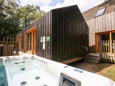 An outdoor hot tub next to a cabin with black wooden walls and large glass doors at Lodge 21 in Corfe Castle