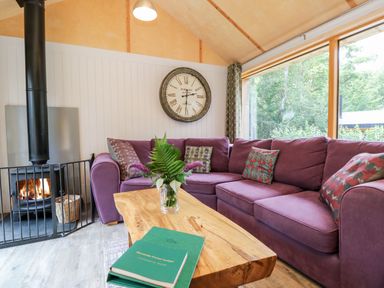 A living room with a purple corner sofa wooden coffee table with a plant wood burning stove and large window at Lodge 22 in Corfe Castle