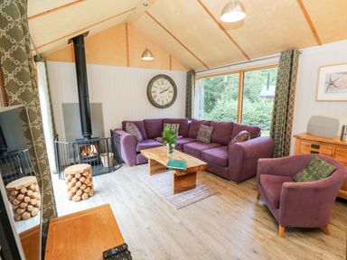 A living room with purple sofa and armchair a wooden coffee table a wood burning stove and large window at Lodge 22 in Corfe Castle