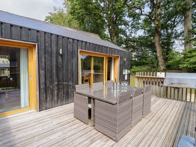 An outdoor patio with a wicker dining table and chairs a bottle and glasses on the table and a railing with trees beyond at Lodge 22 in Corfe Castle
