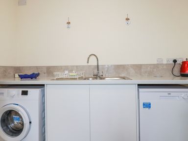 A kitchen countertop with a sink in the middle a washing machine on the left and a dishwasher on the right at Falcon House in Tintagel