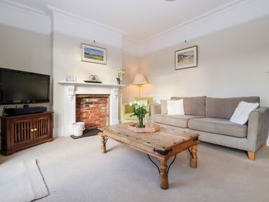 A living room with a sofa armchair wooden coffee table and television at Elkhorn in Southwold
