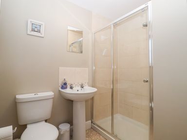 A bathroom with a toilet sink with soap and a glass door shower at Elkhorn in Southwold