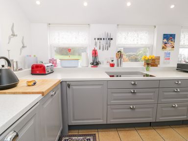 A kitchen with gray cabinets a red toaster knives on a magnetic strip and yellow flowers in a vase at Sibrwd Y Mor in Harlech