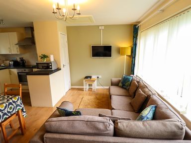 A living room with a brown sofa and a wall mounted tv next to an open kitchen at 11 The Dell in Mundesley
