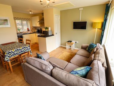 A living room with a brown sofa, a wall-mounted TV, a dining table with patterned tablecloth, and a kitchen area at 11 The Dell in Mundesley