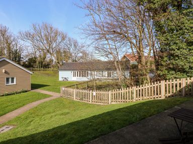 A garden area with two houses separated by a wooden fence and trees at 14 The Dell in Mundesley