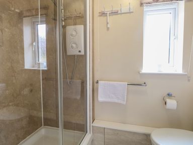 A bathroom with a shower and toilet at 14 The Dell Mundesley