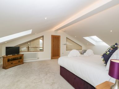 A bedroom with a bed pillows and a TV on a wooden stand at Bilsham Meadows in Aust