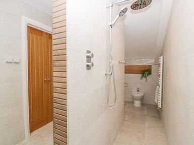 A bathroom with a wooden door shower area bidet and towel radiator at Bilsham Meadows in Aust