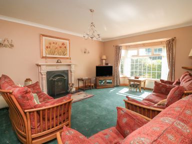 A living room with red sofas green carpet fireplace and a large window at Bolger House in Ballintubbrid near Kilmuckridge County Wexford