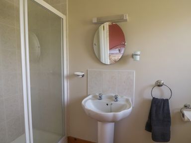 A bathroom with a shower enclosure, a pedestal sink with two taps, a round mirror, a towel ring with a dark towel and a toilet paper holder at Bolger House in Ballintubbrid near Kilmuckridge County Wexford