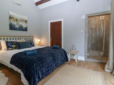 A bedroom with a bed a nightstand and an enclosed shower at Belle View in Llaniestyn near Abersoch