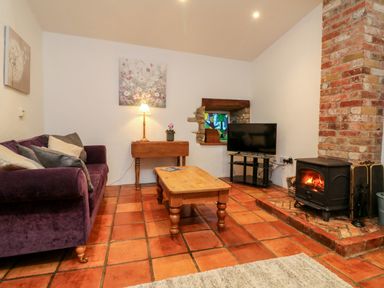 A living room with a purple sofa a wooden coffee table a small table with a lamp a television a wood burning stove and a stained glass window at The Shippen in Gooseham near Kilkhampton