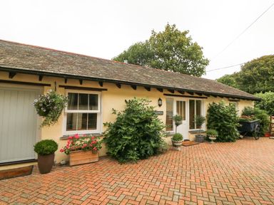 An exterior view of a single-story building with a tiled roof several plants and flowers outside at The Shippen in Gooseham near Kilkhampton