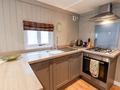 A kitchen with brown cabinets a stainless steel oven a kettle and a gas stove at Grouse Lodge in Seamer North Yorkshire