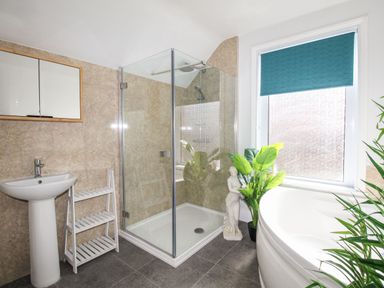A bathroom with a shower enclosure bidet pedestal sink plants and a window with a blue blind at Quarrier's Rest in Swanage