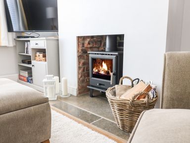 A living room area with a wood-burning stove and basket of firewood next to a television cabinet at Quarrier's Rest in Swanage