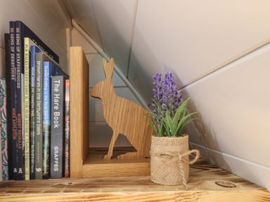 A wooden shelf with books a wooden rabbit bookend and a small potted plant wrapped in burlap at Oh Deer in Ashbourne