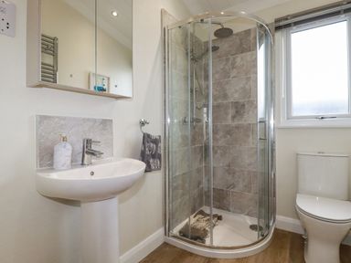 A bathroom with a pedestal sink, wall-mounted mirror cabinet, glass-enclosed shower with tiled walls, and a toilet at Mordros Lodge in St Day