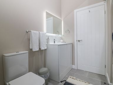 A bathroom with a toilet a trash can a vanity with sink and mirror towels on a rack and a door at Ty Bains in Llanberis