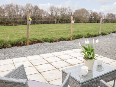 A patio with a glass table and two chairs overlooking a grassy field with a wire fence and potted flowers on posts at 17 Ffordd Gwenllian in Llanfairpwllgwyngyll