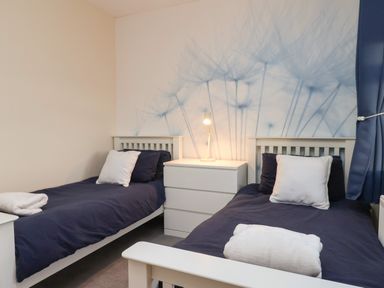 A bedroom with two single beds a bedside table with a lamp and a wall mural of dandelions at Garden Cottage in Alnmouth
