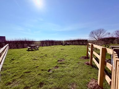 An enclosed grassy yard with a wooden picnic table and outdoor seating under a clear sky at Lonnon Cottage in Alnmouth
