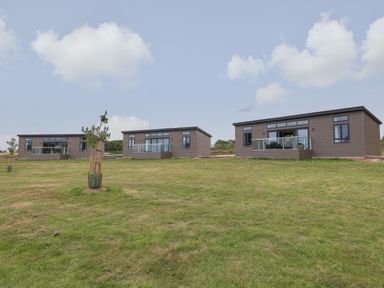 Three modern single-story houses with balconies on a grassy field under a partly cloudy sky at Willow Lodge in Winthorpe near Newark-On-Trent