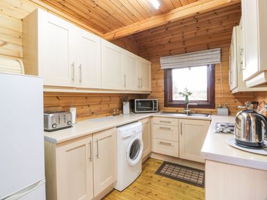 A kitchen with wooden walls and ceiling light cabinets a refrigerator a toaster a washing machine a microwave a sink and a kettle at Moyle Lodge in Dalbeattie