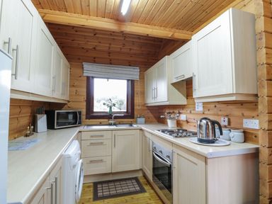 A kitchen with white cabinets a microwave a kettle and a window with a vase of flowers at Moyle Lodge in Dalbeattie