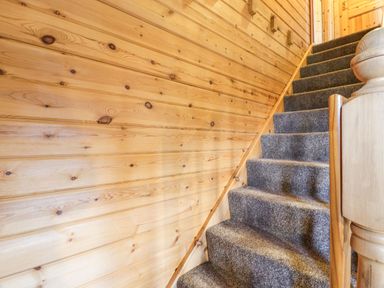 A carpeted staircase with wooden panelled wall and wooden banister at Moyle Lodge in Dalbeattie