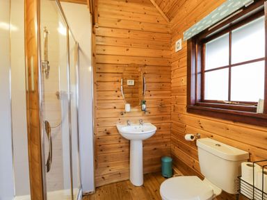 A bathroom with wooden walls a shower cubicle a white pedestal sink an oval mirror a white toilet a window and a blue trash bin at Moyle Lodge in Dalbeattie