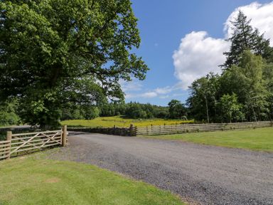 A gravel driveway with wooden gates and fences next to green trees and grass at Moyle Lodge in Dalbeattie