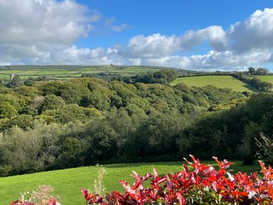 A landscape with trees and green fields with a cloudy blue sky at The View in Cardinham