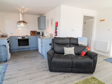 A kitchen area with blue cabinets and appliances next to a gray sofa with pillows and blankets at The View in Cardinham