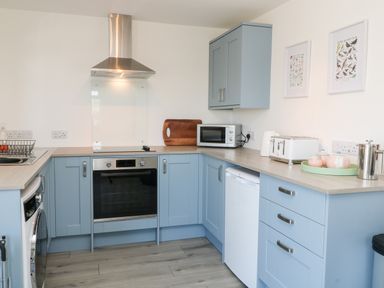 A kitchen with blue cabinets a microwave oven a toaster and a washing machine at The View in Cardinham