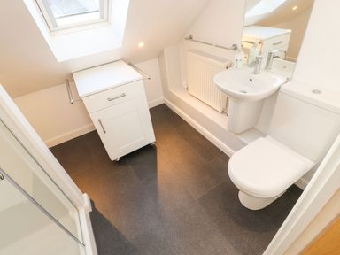 A bathroom with a white toilet sink cabinet and skylight window at Stable Cottage in Hallbankgate